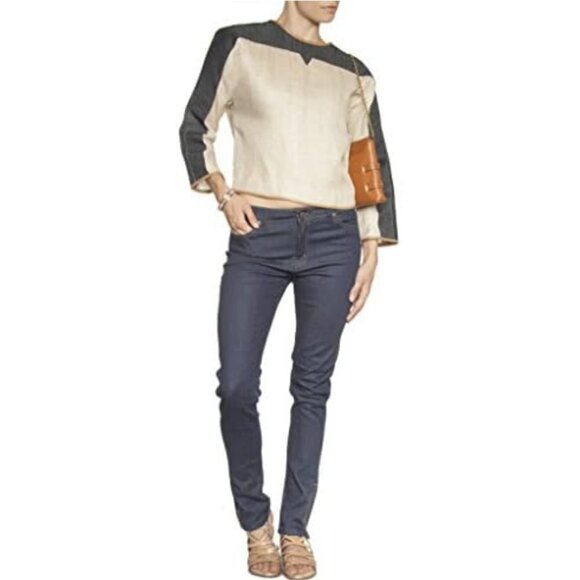 Dina Agam Anthropologie Linen Denim Lambskin Leather Crew Neck Long Sleeve Top M - Picture 3 of 12